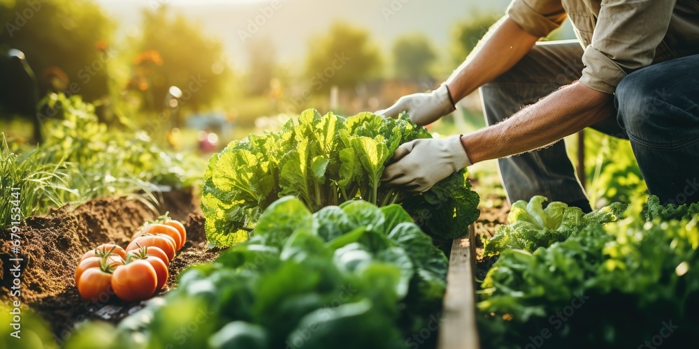 Chef harvesting fresh vegetables on a farm - obrazy, fototapety, plakaty 
