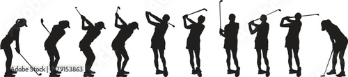 silhouettes of female golfer playing gold in poses 