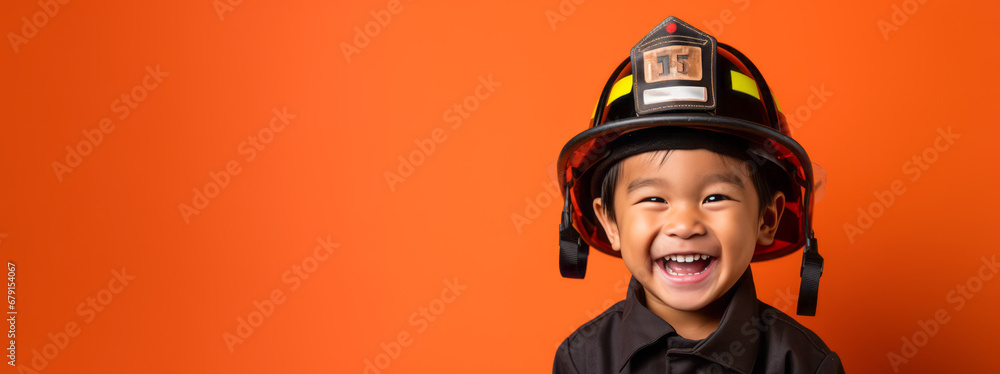 Asian boy imagines to be a firefighter wears an firefighter suit. Orange background copy space. Ai generative Asian boy imagines to be a firefighter wears an firefighter suit. Orange background copy space. Ai generative