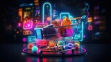 Digital shopping delight. Neon lit online store. E commerce revolution. Brighten cart with light. Tech savvy. Storefront experience