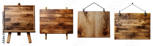 Set of Blank old wooden sign board vintage hanging rope wood on transparent background. cutout, PNG file. Mock up for product presentation. banner, poster, card