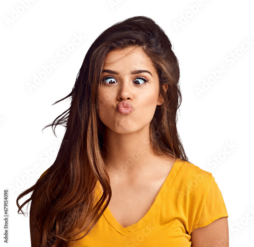 Photography Funny, face and woman with crazy eyes and model in transparent, isolated or png background