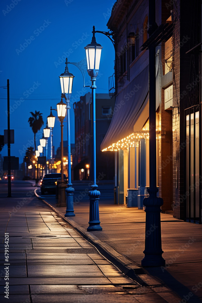 streetscape shot where blue streetlights cast long shadows, symbolizing the melancholic stretch of Blue Monday

