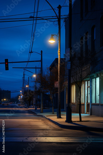 streetscape shot where blue streetlights cast long shadows  symbolizing the melancholic stretch of Blue Monday  