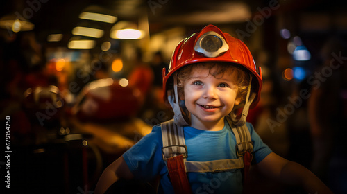 a Smiling KID in a red helmet. the Boy imagines to be a firefighter. Firefighter car on background. Future dream profession. Ai generative