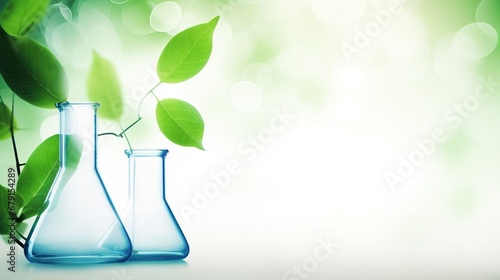 Green fresh plant in glass test tube in laboratory on white background.