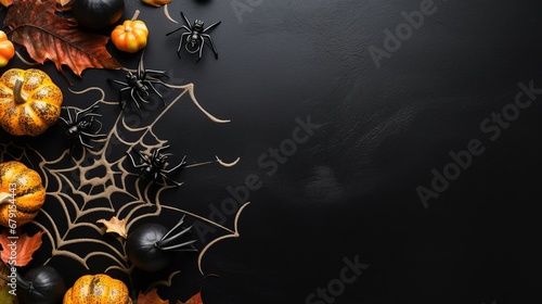 Happy halloween flat lay mockup with spiders, decoration and spider web on black background. Autumn holiday concept composition