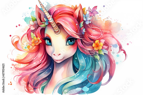 Rainbow fairy unicorn, cartoon watercolor clip art, white background