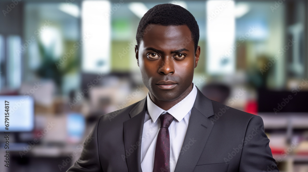 Portrait of Handsome Businessman in formal suit. Business and career success concept. Office background. Guy smiles and look at the camera. Ai generative.