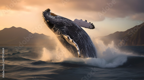 Humpback whale breaching off coast