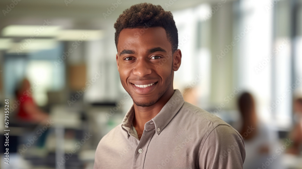 Man with stylish hair Looks at the camera and smile. Black businessman in casual wear in nice modern office. Concept of success in business. Ai generative.