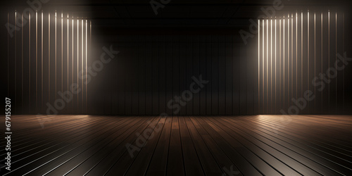 A dark room with spotlights and wooden flooring Empty Wooden Floor With Bokeh Light Effect On Stage Background Dark Background Stage Background  AI Generative  photo