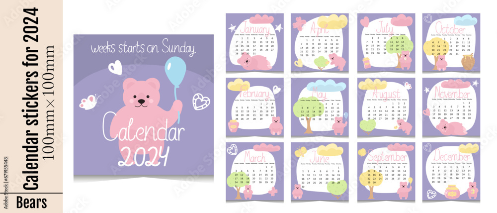 Set of calendar stickers by month for 2024. The week starts on Sunday.Cute calendars with pink cartoon bears.Kids stickers for planning.Templates for printing for cute stationery. Isolated on white. Set of calendar stickers by month for 2024. The week starts on Sunday.Cute calendars with pink cartoon bears.Kids stickers for planning.Templates for printing for cute stationery. Isolated on white.