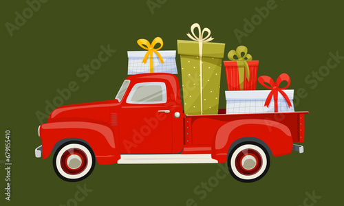 Red Christmas pickup truck with gift boxes in the trunk. A truck carrying New Year's gifts. New Year or Christmas card, poster, flyer, invitation. Christmas vector illustration on green background