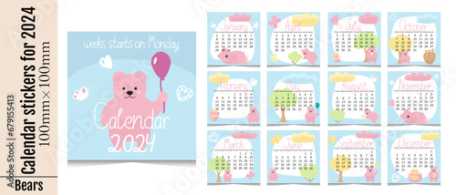 Set of calendar stickers by month for 2024. The week starts on Monday.Cute calendars with pink cartoon bears.Kids stickers for planning.Templates for printing for cute stationery. Isolated on white.