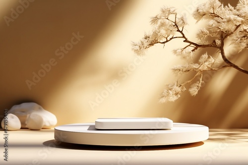 Abstract minimal nature scene, empty stage and white circle podium on beige background and soft shadows of tree leaves. Pedestal for cosmetic product and packaging mockups. generative ai.