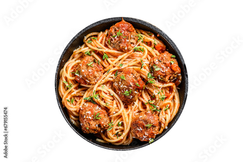 Italian pasta spaghetti with tomato sauce and meatballs in cast iron pan with Parmesan cheese. Transparent background. Isolated.