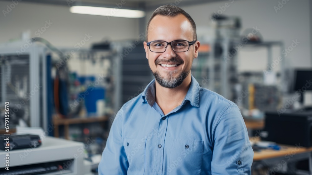 Portrait of happy engineering technician in control room, inspection service or industry maintenance. Electrician, arms crossed and smile in electrical substation, system or industrial mechanic