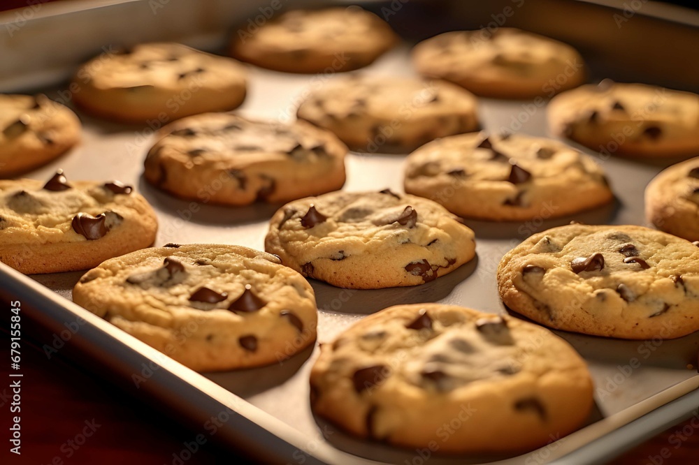 Milk chocolate chip cookies in baking tray