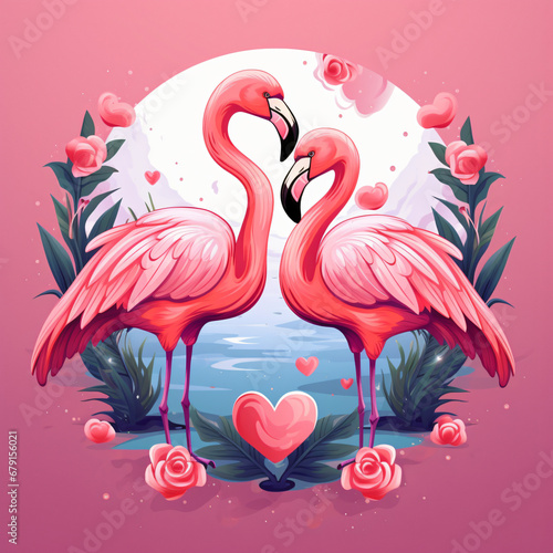 Pink of flamingo bird in love and heart in valentine