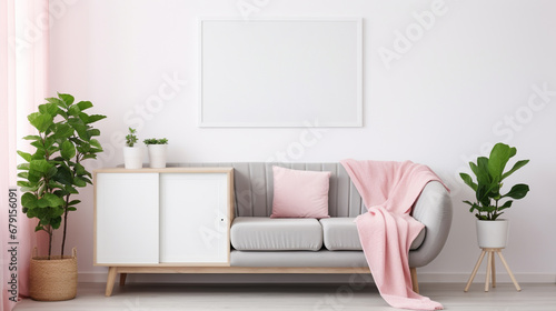 Poster above cabinet with plants in white flat interior with pink blanket grey couch. generative ai © Witri