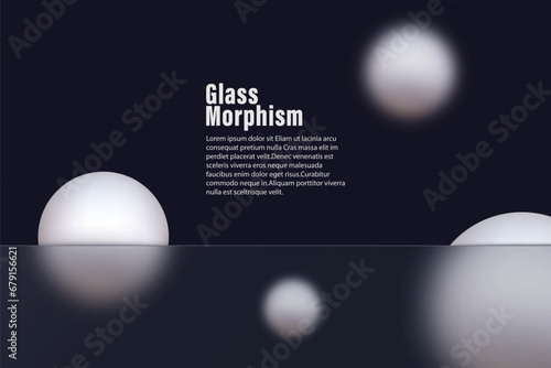 Futuristic glass morphism website landing page template. Frosted glass partition on a dark background with light floating spheres.