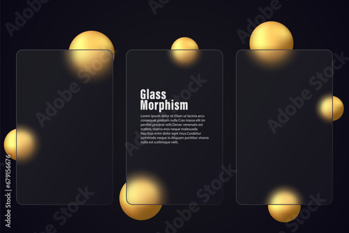 Glass morphism effect. Set of vertical glass banners with golden gradient spheres on a black background. Realistic glasmorphism of matte plexiglass shape.