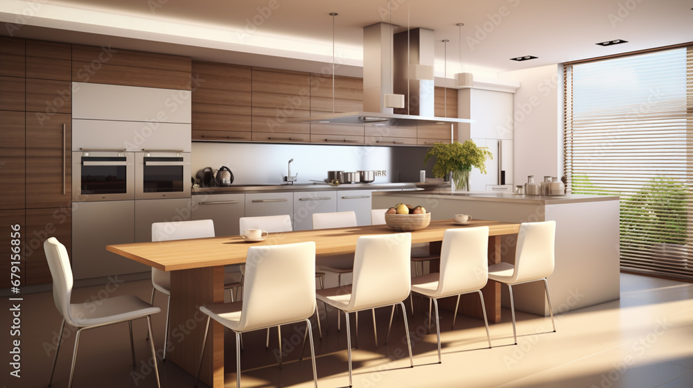 Modern kitchen with sitting and dining area. Beautiful white massive dining table. generative ai