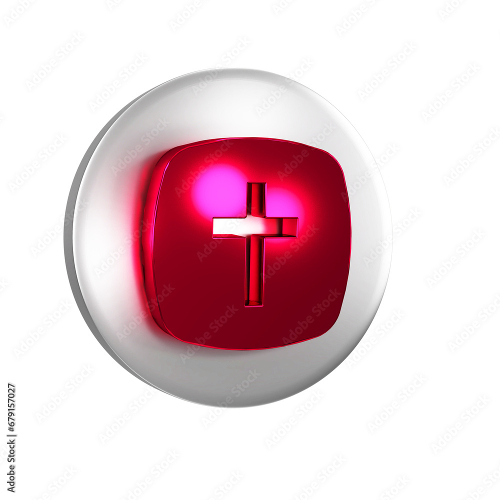 Red Christian cross icon isolated on transparent background. Church cross. Silver circle button. Red Christian cross icon isolated on transparent background. Church cross. Silver circle button.