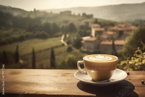 Cup of coffee, on a wooden table, with views of the rural countryside. Generative AI.
