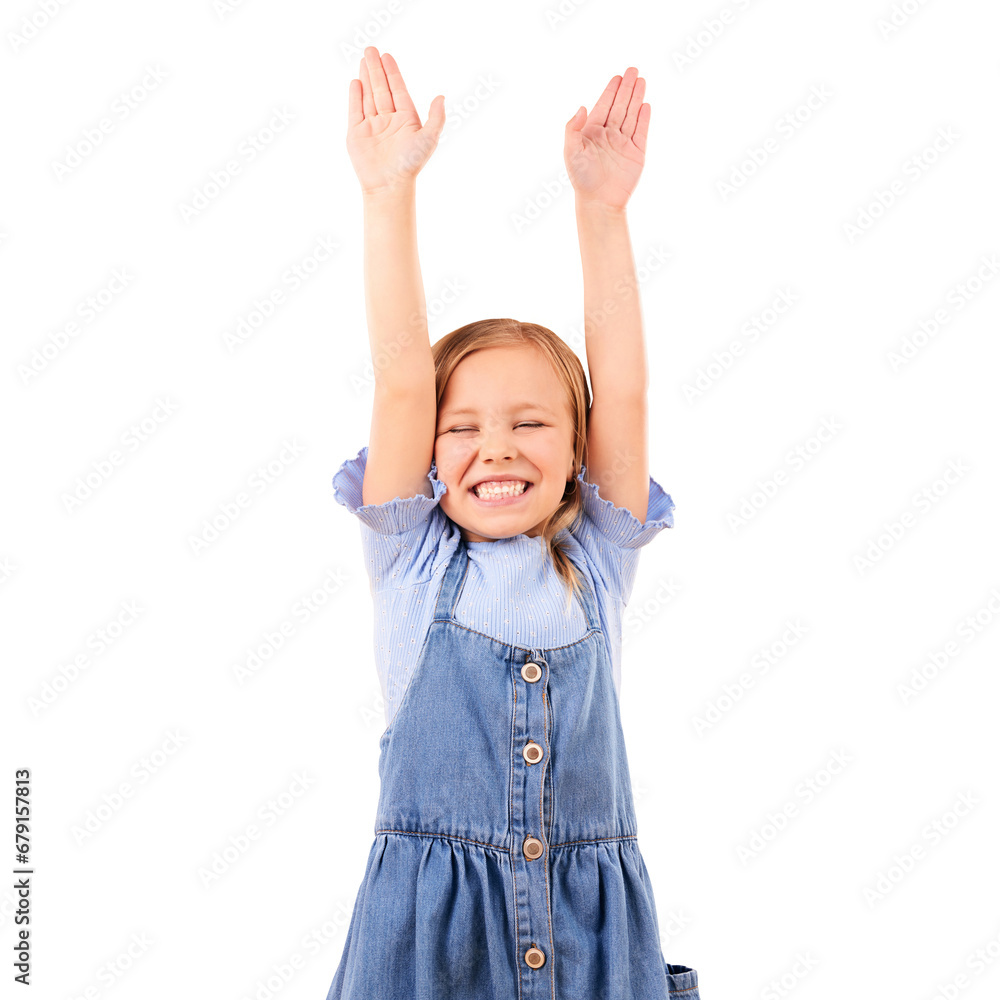 Children, smile and hands up with a little girl isolated on transparent background for celebration as a winner. Kids, goal and success with an excited young child on PNG for motivation or achievement Children, smile and hands up with a little girl isolated on transparent background for celebration as a winner. Kids, goal and success with an excited young child on PNG for motivation or achievement