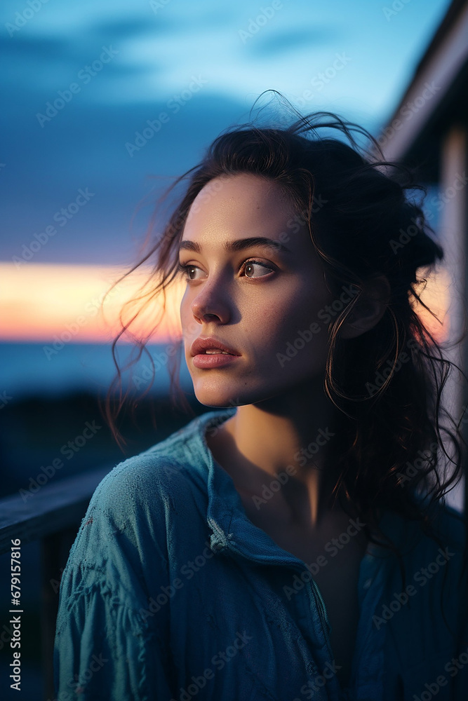 Portrait of an individual whose subdued expression is highlighted by the cool blue light of the setting sun. Blue Monday Concept

