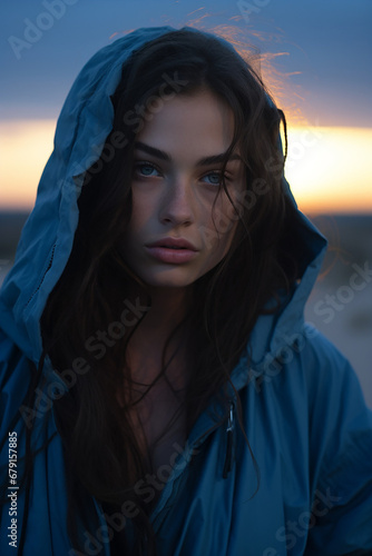 Portrait of an individual whose subdued expression is highlighted by the cool blue light of the setting sun. Blue Monday Concept

