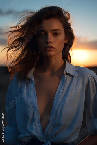 Portrait of an individual whose subdued expression is highlighted by the cool blue light of the setting sun. Blue Monday Concept

