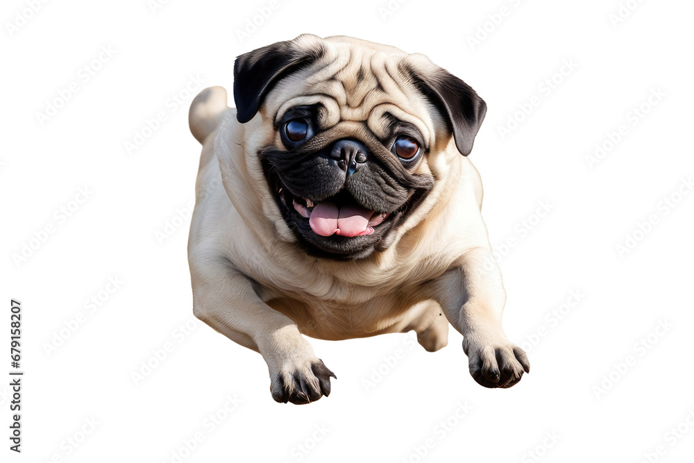 a high quality stock photograph of a single fat happy pug dog jumping in the air isolated on a white background