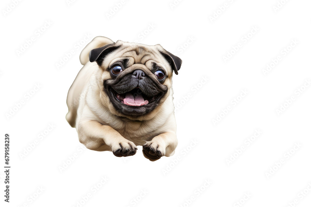 Fototapeta premium a high quality stock photograph of a single fat happy pug dog jumping in the air isolated on a white background
