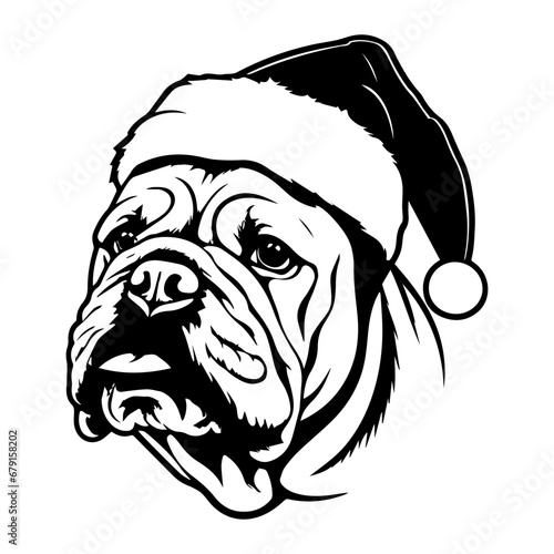 Cute bulldog Dog wearing Santa hat head  Christmas illustration  Generative AI.
