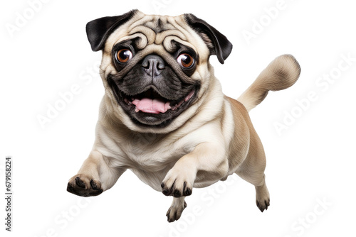 a high quality stock photograph of a single fat happy pug dog jumping in the air isolated on a white background photo