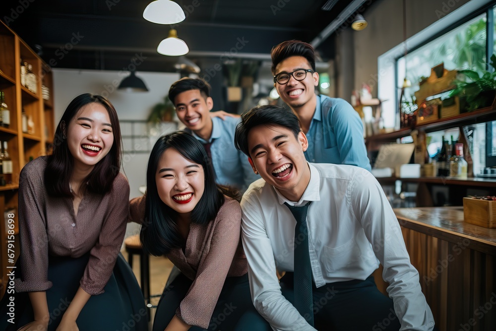 Obraz premium Contemporary Corporate Joy: Young Entrepreneurs on Office Stools