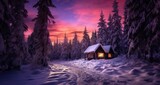 a small cabin is in the snow near trees at night