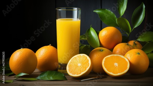 a glass with orange juice and ripe oranges lying next to it on a black background. concept of vitamins and healthy eating