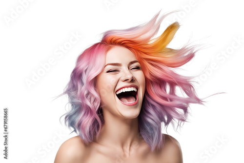 happy young woman with colored hair laughs and screams with joy isolated on white background