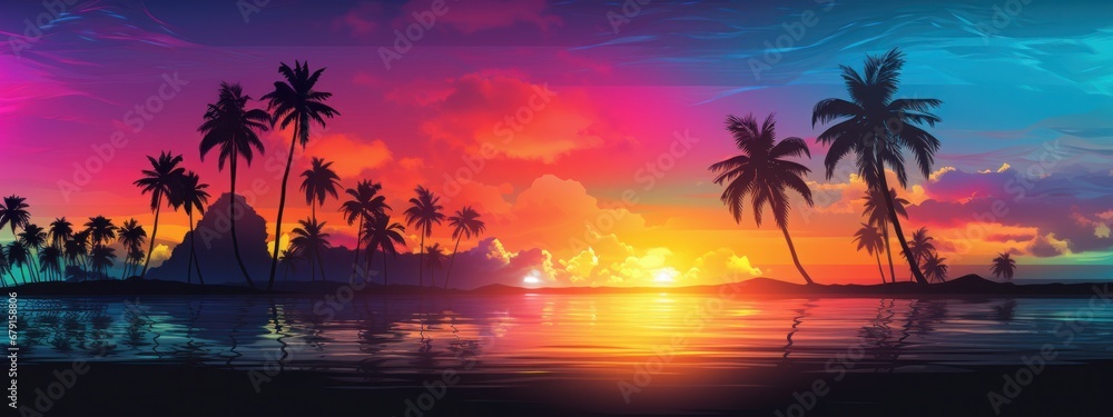 a tropical sunset with colorful palm trees and clouds - obrazy, fototapety, plakaty 