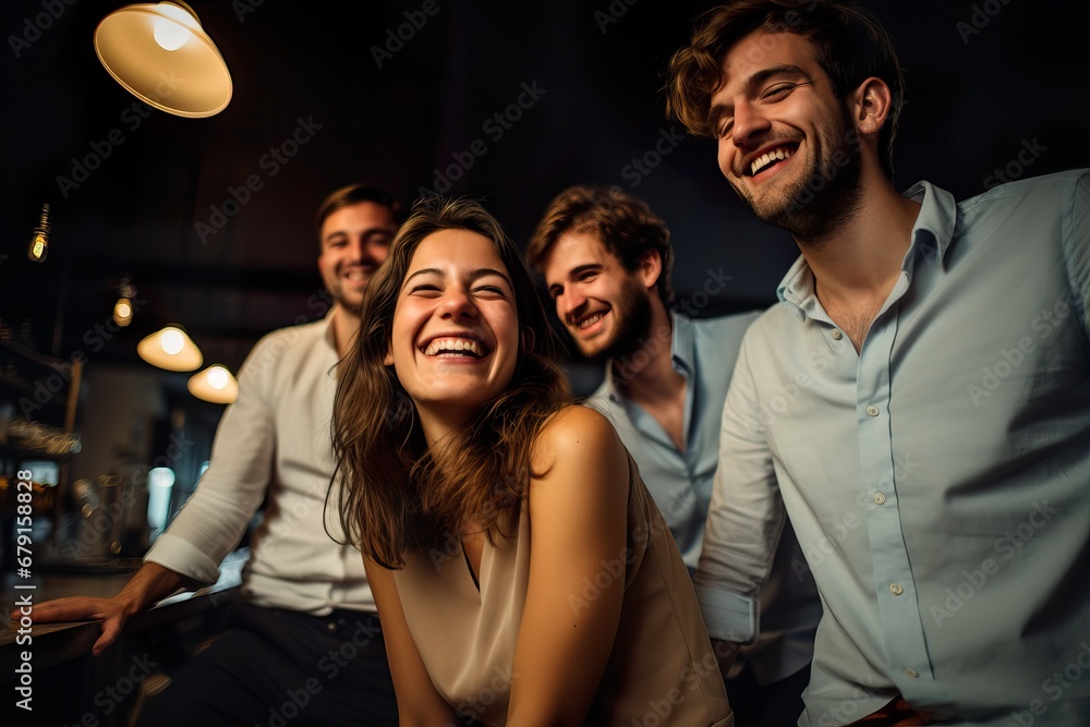 Contemporary Corporate Joy: Young Entrepreneurs on Office Stools Contemporary Corporate Joy: Young Entrepreneurs on Office Stools