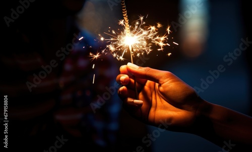 Hand blowing off sparkler with US flag and fireworks