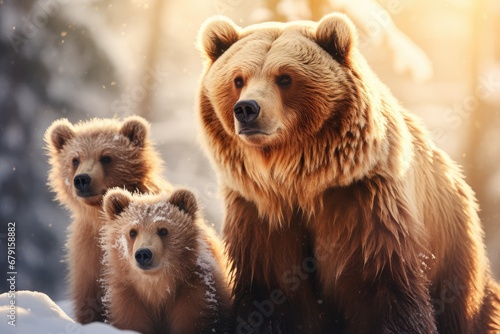 Protective female brown bear (ursus arctos) standing close to her two cubs. Adorable young mammals with fluffy coat with mother in winter. Wildlife scene. Animal family concept