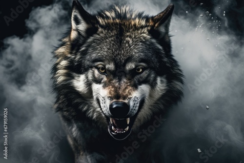 Angry grinning wolf (Canis lupus) on black background with smoke. Growling muzzle of a wolf. Banner about wild animal with copy space