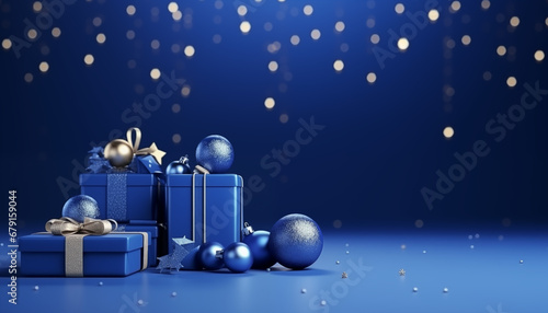 blue gifts with golden bows and ribbons placed on blue background near stars