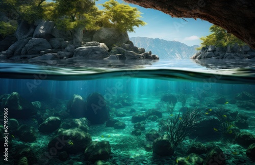 an underwater coconut island over the ocean with corals  fish and coconuts on the surface