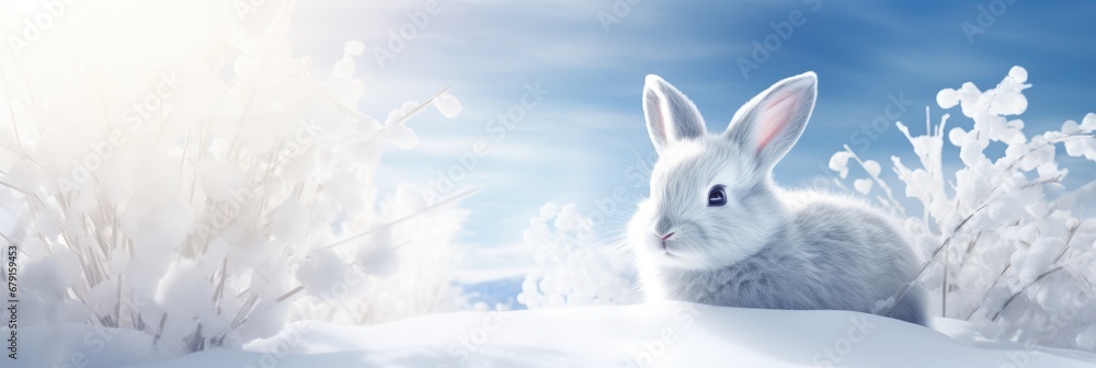 Little hare in winter coat. Single cute arctic hare with white fur sitting on clean and bright white snowfield. Beautiful snowy polar scenery. Banner with wild animal in nature habitat - obrazy, fototapety, plakaty 